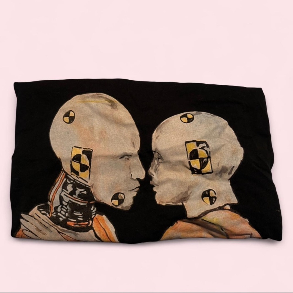 Graphic Black Tee with Crash Test Dummy Kiss Design